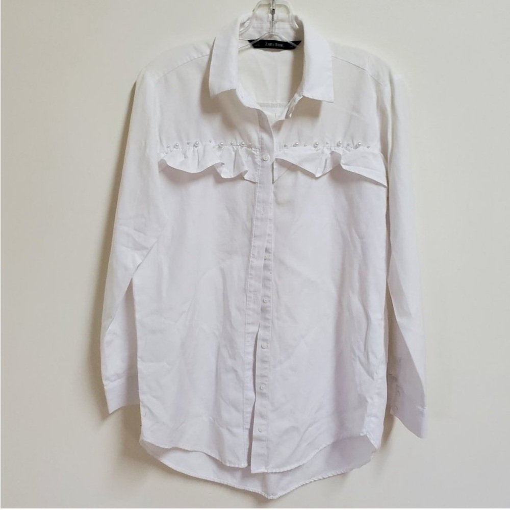 New ZARA white poplin blouse with pearl detailing